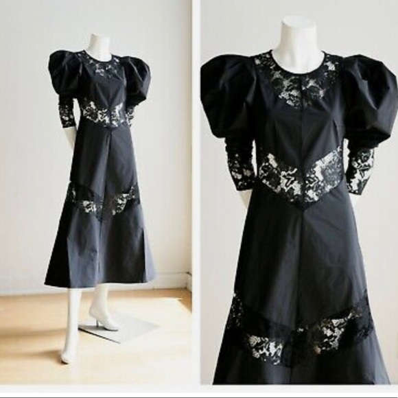 H & M Black Lace Solid Patch work Midi A line Puffed Sleeve Classic Gothic Dress - Picture 1 of 9